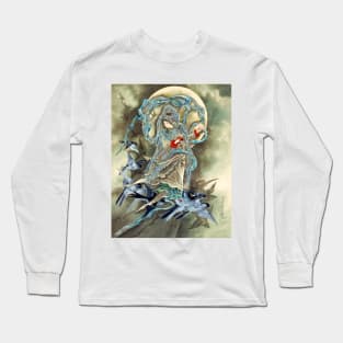 Woman Against a Full Moon Accompanied by Birds, Toshio Aoki 1890s Long Sleeve T-Shirt